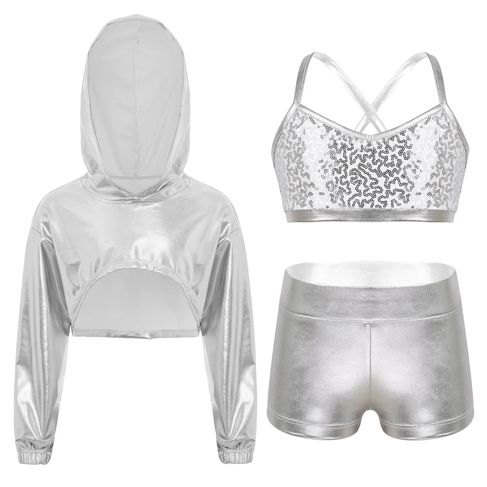 Kids Girls Hip-Hop Jazz Dance Outfit Long Sleeve Asymmetrical Hem Metallic Cropped Hoodie Top with Shiny Sequins Vest and Shorts
Kids Girls Hip-Hop Jazz Dance Outfit Long Sleeve Asymmetrical Hem Metallic Cropped Hoodie Top with Shiny Sequins Vest and Shorts