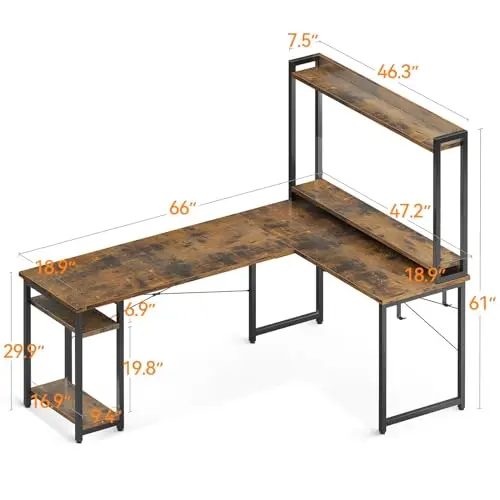 Rustic Brown 66-Inch L-Shape Corner Workstation With Hutch, Dual Storage Shelves, And Adjustable Height For Home Office Or
Rustic Brown 66-Inch L-Shape Corner Workstation With Hutch, Dual Storage Shelves, And Adjustable Height For Home Office Or