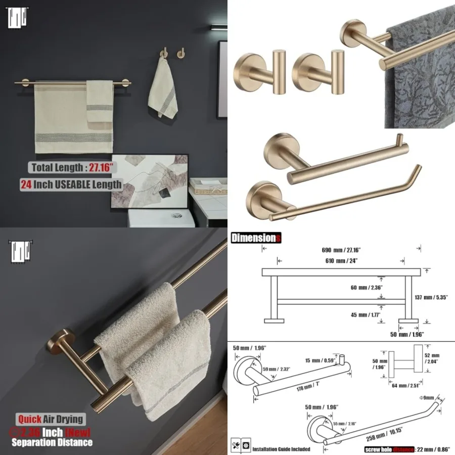 Bathroom Hardware Set, 5-Piece Bath Accessories Set Wall Mount Includes 24 in Towel Bar, 9 in HT Bar, TP Holder, Towel Hook x 2
Bathroom Hardware Set, 5-Piece Bath Accessories Set Wall Mount Includes 24 in Towel Bar, 9 in HT Bar, TP Holder, Towel Hook x 2