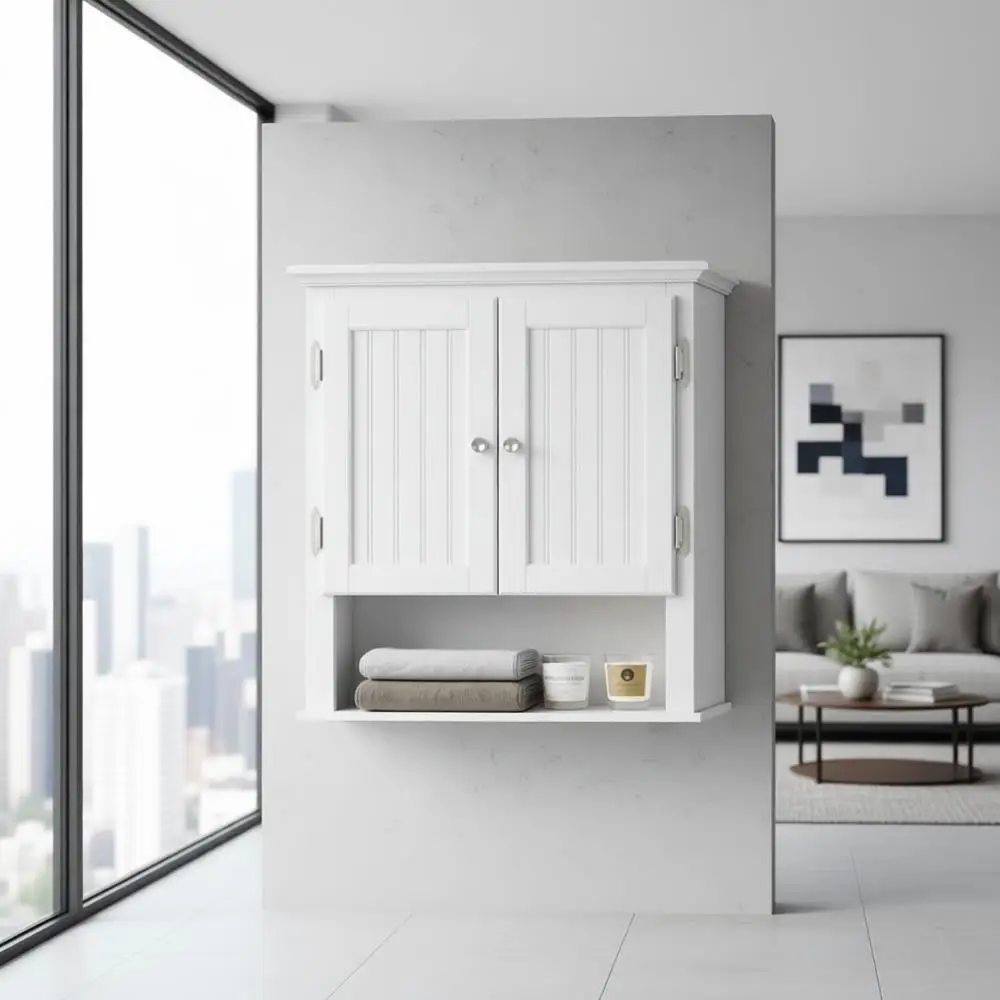 White Wooden Wall-Mounted Cabinet with Shelves for Bathroom Storage Above Toilet
White Wooden Wall-Mounted Cabinet with Shelves for Bathroom Storage Above Toilet