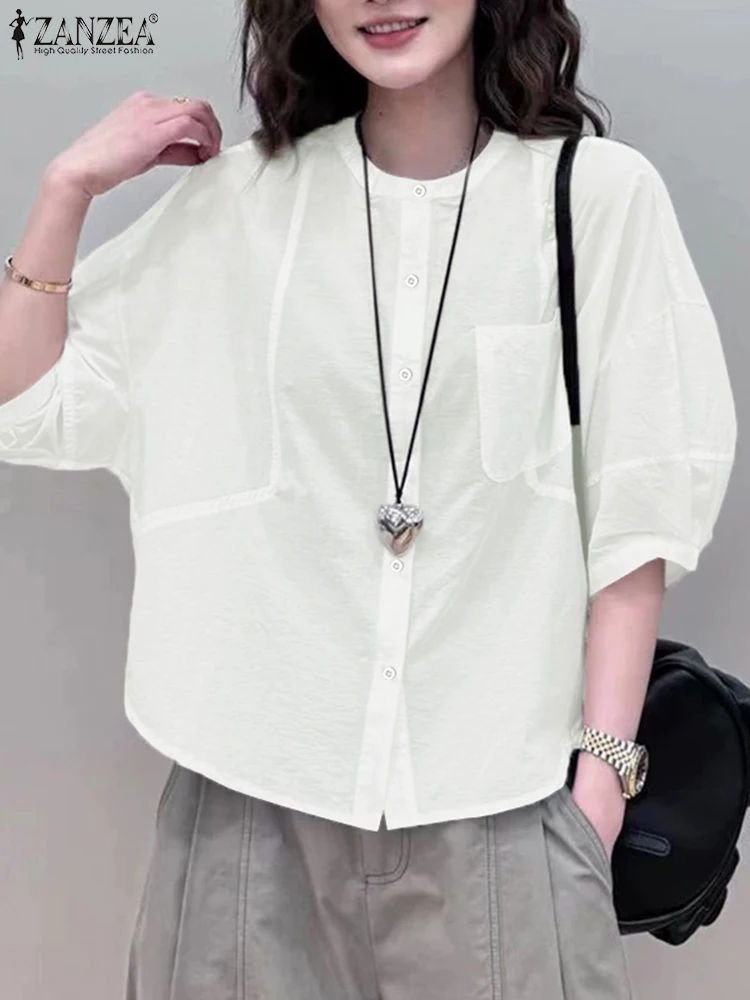 ZANZEA Street Fashion Oversized Shirts Woman Loose 3/4 Lantern Sleeve Round Neck Button Up Chemise Summer Solid Spliced Tops 
ZANZEA Street Fashion Oversized Shirts Woman Loose 3/4 Lantern Sleeve Round Neck Button Up Chemise Summer Solid Spliced Tops
