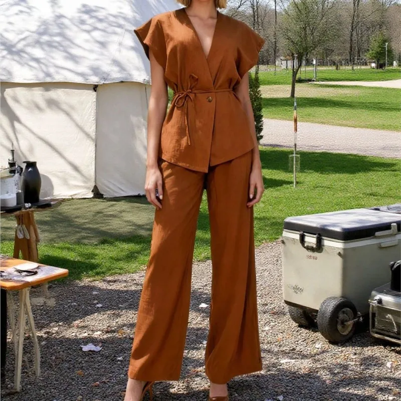 New Two-piece Set Casual Style Deep V-neck Sleeveless Vest Trousers Lace-up Solid Color Casual Fashion Suit For Women Ropa Mujer
New Two-piece Set Casual Style Deep V-neck Sleeveless Vest Trousers Lace-up Solid Color Casual Fashion Suit For Women Ropa Mujer