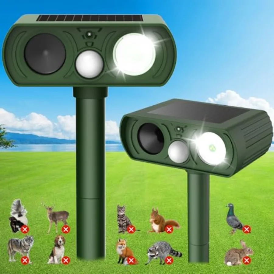 Outdoor solar ultrasonic animal repellent for deer, cats, squirrels, rabbits, dogs, raccoons, and skunks; waterproof green devi
Outdoor solar ultrasonic animal repellent for deer, cats, squirrels, rabbits, dogs, raccoons, and skunks; waterproof green devi