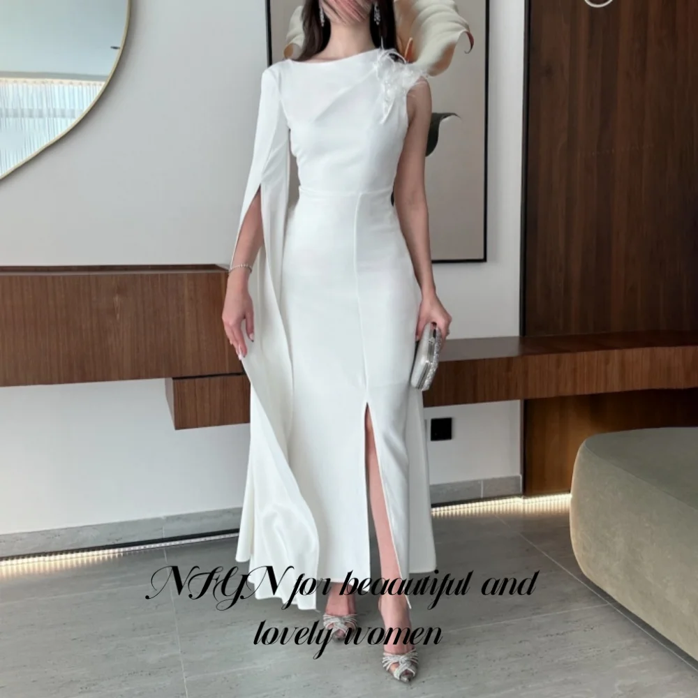 NFYN White Elegant Prom Gown O-Neck One-Shoulder Sleeve Party Dress Satin Feather Side Split Mermaid Evening Dresses Customized
NFYN White Elegant Prom Gown O-Neck One-Shoulder Sleeve Party Dress Satin Feather Side Split Mermaid Evening Dresses Customized