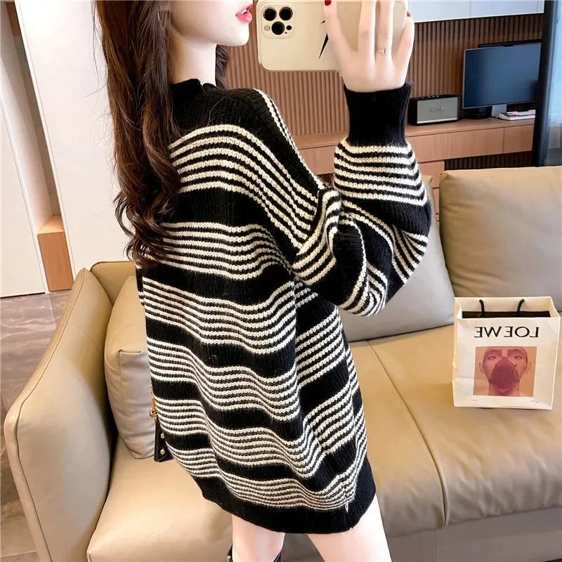 Autumn And Winter Fashion Design Women Lazy Black-And-White Striped Long Sleeve Long Loose 2023 New Sweater Sweater Top
Autumn And Winter Fashion Design Women Lazy Black-And-White Striped Long Sleeve Long Loose 2023 New Sweater Sweater Top