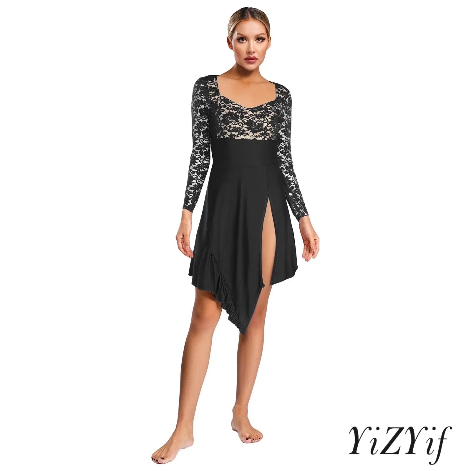 Trendy Women's Performance Long Sleeve Dress Floral Lace Irregular Hem Design for Latin Modern Lyrical Dance Practice Clothing
Trendy Women's Performance Long Sleeve Dress Floral Lace Irregular Hem Design for Latin Modern Lyrical Dance Practice Clothing