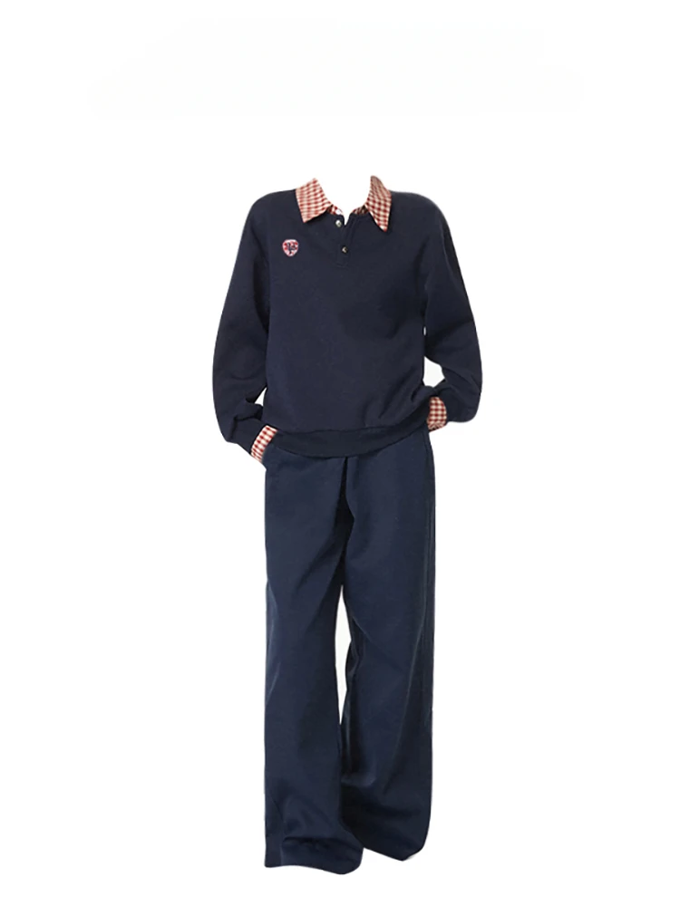 American College Style Spliced Plaid Polo Collar Sweatshirt Women's Autumn Winter Loose Casual Wide-leg Long Pants Two-piece Set
American College Style Spliced Plaid Polo Collar Sweatshirt Women's Autumn Winter Loose Casual Wide-leg Long Pants Two-piece Set