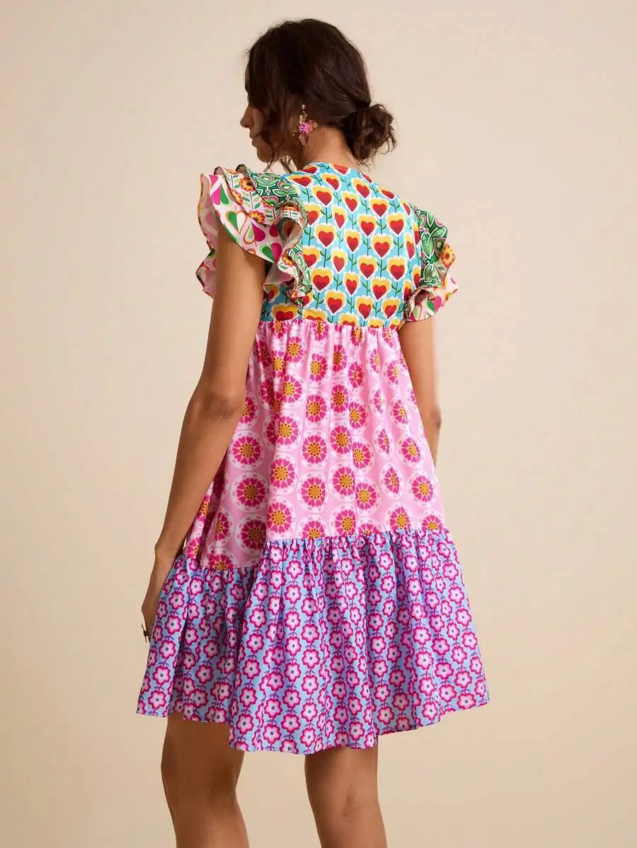 Womens Colorful Patchwork Contrast Print V-Neck Ruffle Waist A-Line Mini Dress
Womens Colorful Patchwork Contrast Print V-Neck Ruffle Waist A-Line Mini Dress