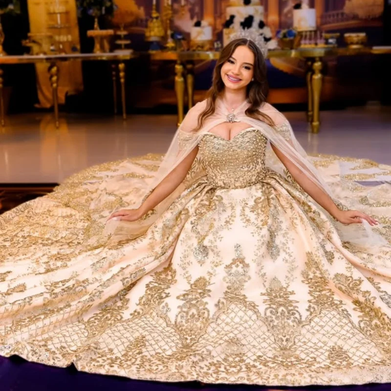 Shiny Champagne Gold Quinceanera Dresses Off the Shoulder Glitter Crystal Decal Long tail Bow Vestido 15 Quinceanera Customized
Shiny Champagne Gold Quinceanera Dresses Off the Shoulder Glitter Crystal Decal Long tail Bow Vestido 15 Quinceanera Customized