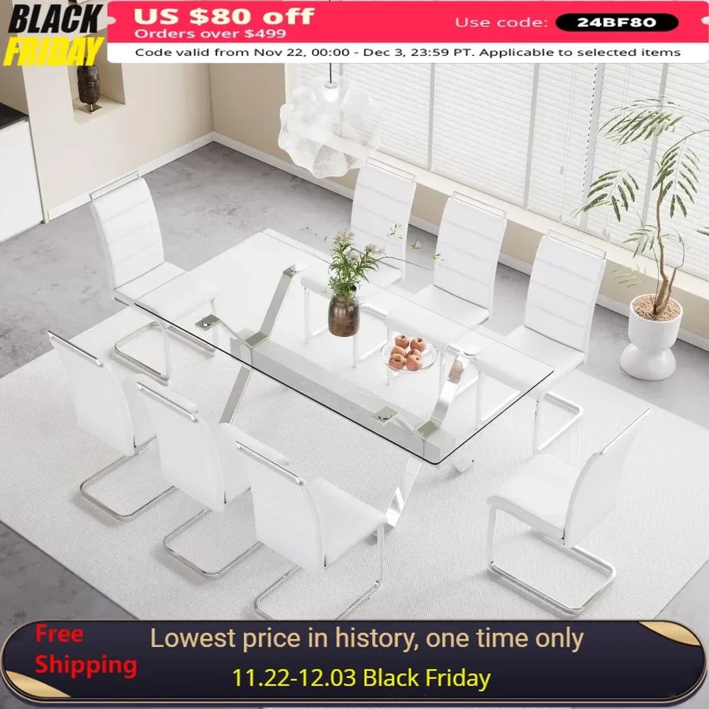 Glass Dining Table ,Kitchen Dining Table Set , 9 Piece Dinings Table Set with 8 White PU Faux Leather Chairs ,Dining Room Sets
Glass Dining Table ,Kitchen Dining Table Set , 9 Piece Dinings Table Set with 8 White PU Faux Leather Chairs ,Dining Room Sets