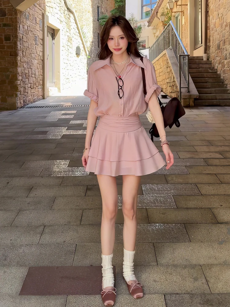 Summer 2026 Women's Cotton Linen Shirt And A-Line Short Skirt Set with Lace Trim High Waist Sweet Cool Gentle Style Pink
Summer 2026 Women's Cotton Linen Shirt And A-Line Short Skirt Set with Lace Trim High Waist Sweet Cool Gentle Style Pink