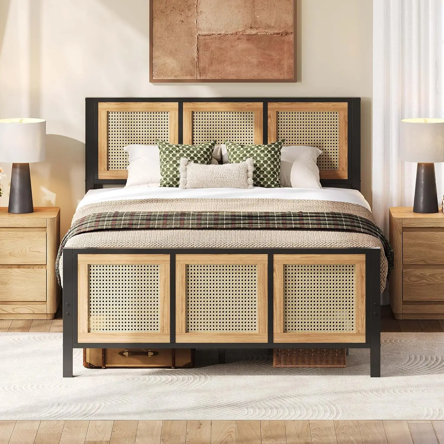 Full Bed Frame, Platform Bed Frame with Rattan Headboard and Sturdy Metal Slats Support, No Box Spring Needed,, Customized
Full Bed Frame, Platform Bed Frame with Rattan Headboard and Sturdy Metal Slats Support, No Box Spring Needed,, Customized