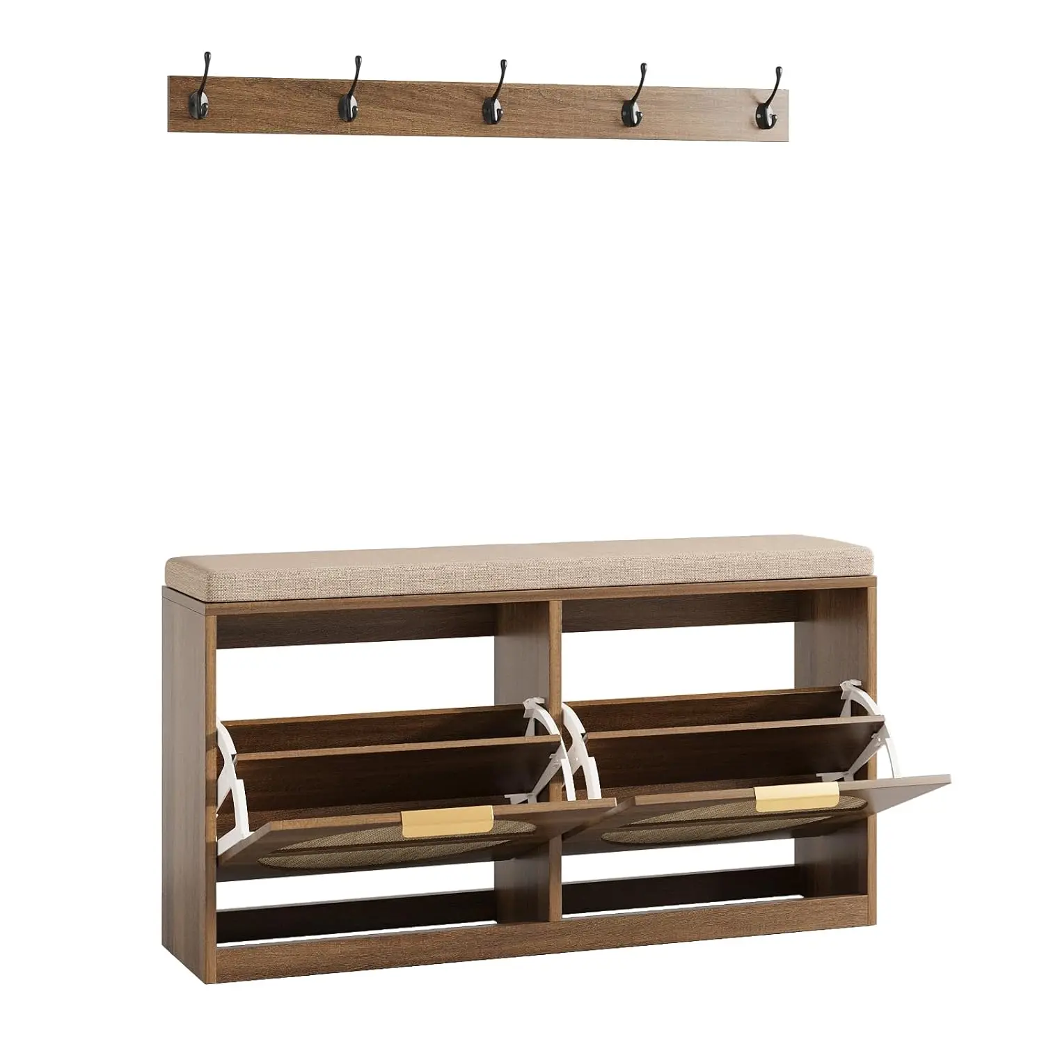 Rattan Entryway Bench with Seat Cushion & Coat Rack, Shoe Storage Cabinet with 2 Flip Drawers, Narrow Shoe Rack, Customized
Rattan Entryway Bench with Seat Cushion & Coat Rack, Shoe Storage Cabinet with 2 Flip Drawers, Narrow Shoe Rack, Customized