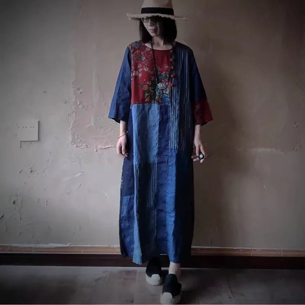 Women's Summer Linen Retro Color Block Floral Print A-Line Dresses 3/4 Sleeve with Round Buttons Ethnic Style Patchwork Dress 
Women's Summer Linen Retro Color Block Floral Print A-Line Dresses 3/4 Sleeve with Round Buttons Ethnic Style Patchwork Dress