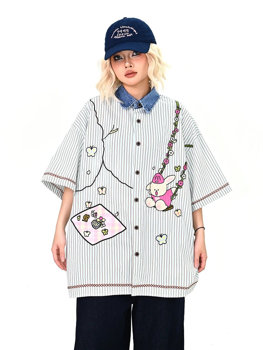 Женская свободная рубашка с коротким рукавом и джинсовым воротником в стиле Lazy Cartoon, корейский стиль, модный летний топ, новинка
Женская свободная рубашка с коротким рукавом и джинсовым воротником в стиле Lazy Cartoon, корейский стиль, модный летний топ, новинка