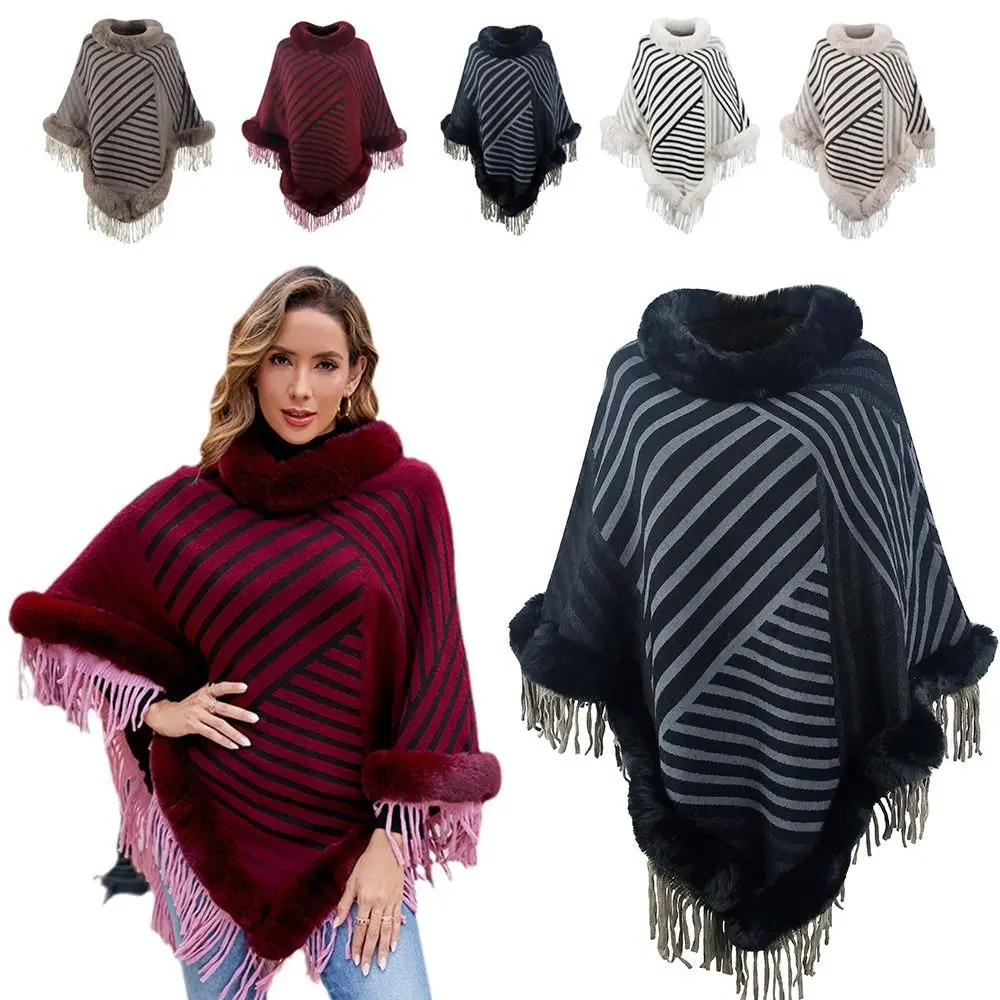 Winter Warm Faux Fur Collar Shawl Striped Ethnic Style Knitting Wraps Artificial Wool Knitted Cape for Autumn Winter
Winter Warm Faux Fur Collar Shawl Striped Ethnic Style Knitting Wraps Artificial Wool Knitted Cape for Autumn Winter