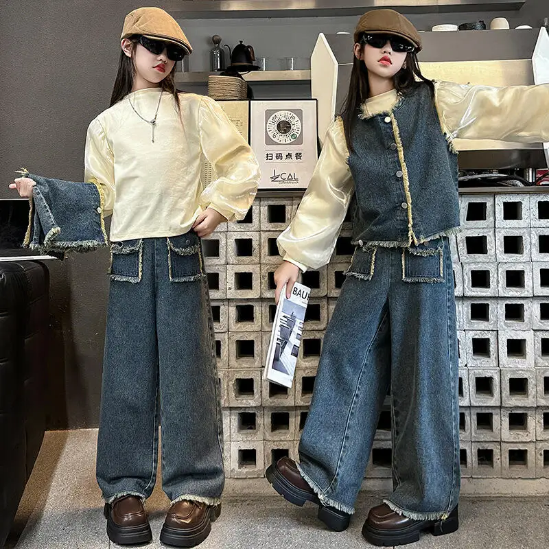 Kawaii футболка для девочек, ковбойский жилет, комплект брюк, студенческий весенне-осенний повседневный топ, длинные брюки, комплект из трех предметов, детская одежда
Kawaii футболка для девочек, ковбойский жилет, комплект брюк, студенческий весенне-осенний повседневный топ, длинные брюки, комплект из трех предметов, детская одежда