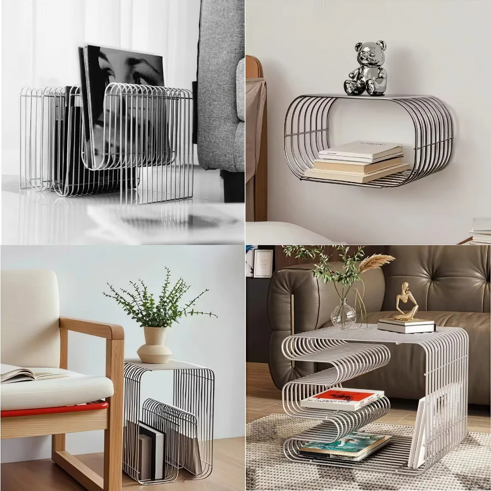 Multiple silver edge tables, geometric patterned bookshelves, magazine racks, wall mounted living room storage racks
Multiple silver edge tables, geometric patterned bookshelves, magazine racks, wall mounted living room storage racks