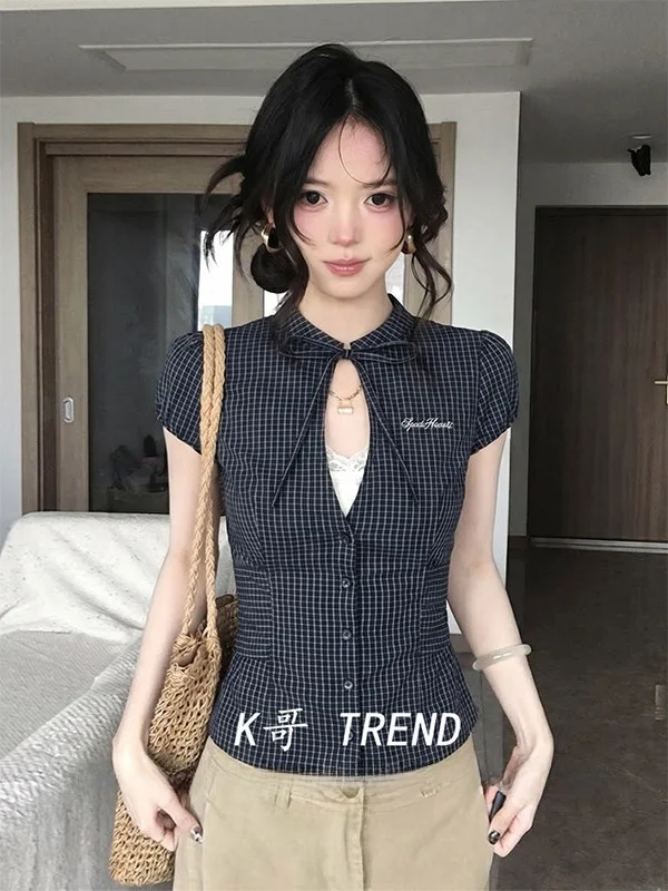 Korean Style Knot Hollow Belted Short Sleeve Women's Shirt Summer Plaid Shoulder-Length Slimming Top
Korean Style Knot Hollow Belted Short Sleeve Women's Shirt Summer Plaid Shoulder-Length Slimming Top