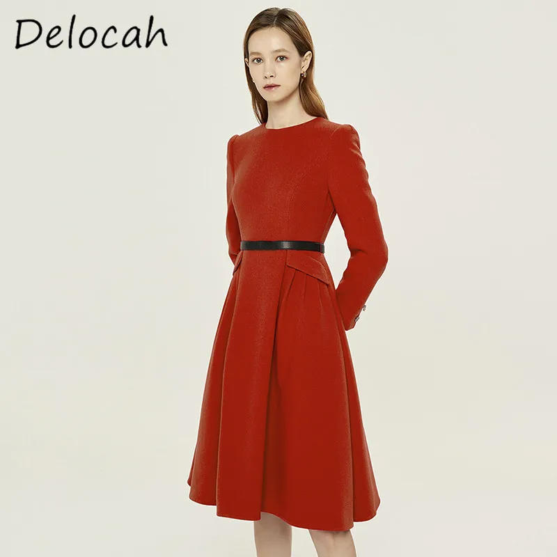 Delocah Fashion Design Women's Round Neck Cuffs Metal Shining Buckle Decoration Long Sleeves Black Belt Big Swing Slim Red Dress
Delocah Fashion Design Women's Round Neck Cuffs Metal Shining Buckle Decoration Long Sleeves Black Belt Big Swing Slim Red Dress