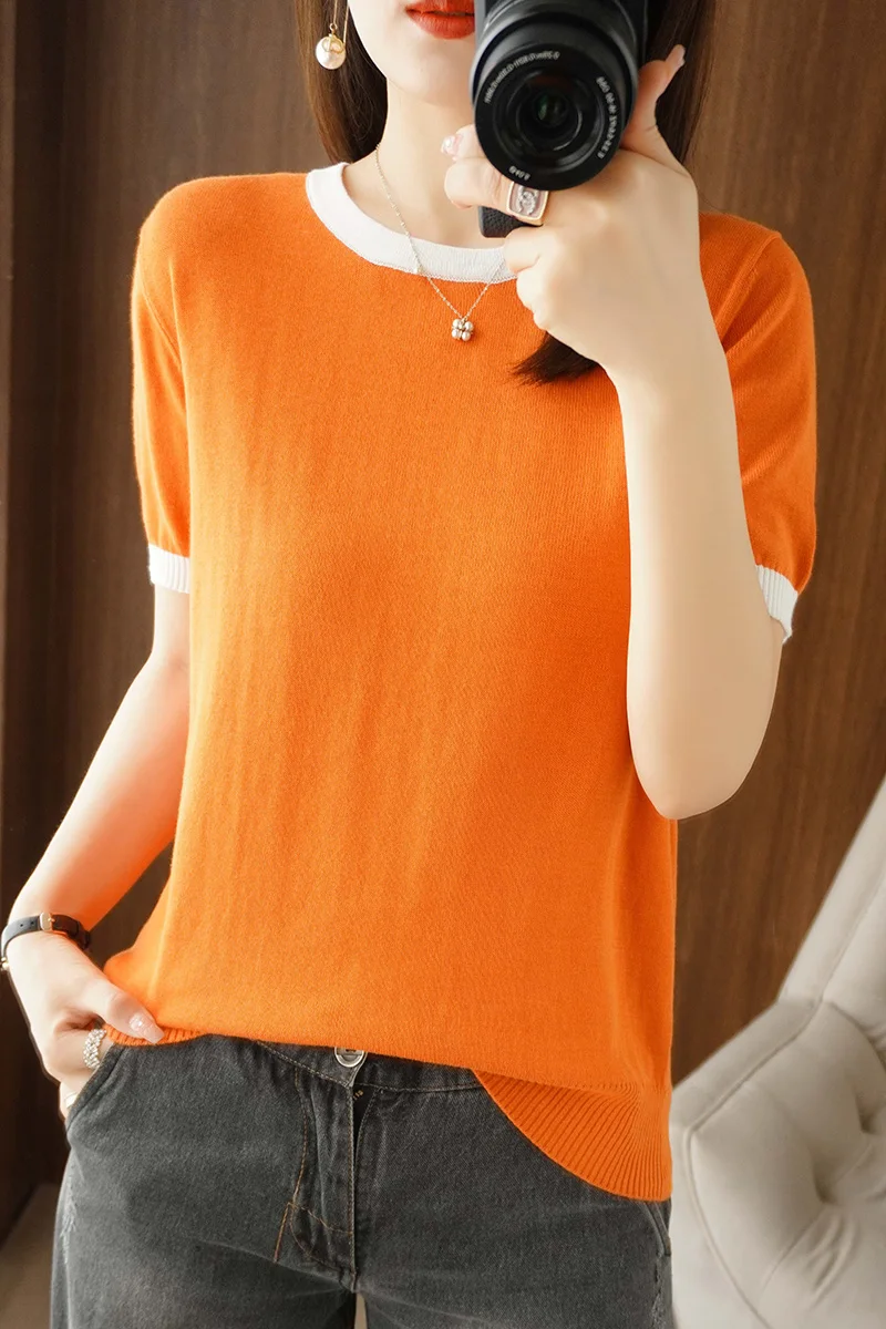 New summer 100% cotton knit short sleeve round neck loose color-block pullover simple fashion T-shirt top
New summer 100% cotton knit short sleeve round neck loose color-block pullover simple fashion T-shirt top