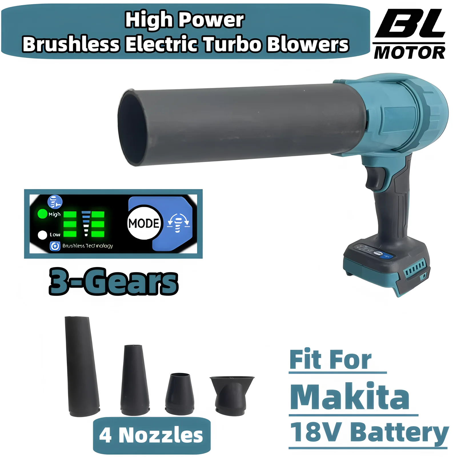 For Makita 18V Battery Brushless Electric Turbo Blower 3-Gear Hight Power Jet Fan 350M/S 4 Nozzles Leaf Blower Dust Blowing Tool
For Makita 18V Battery Brushless Electric Turbo Blower 3-Gear Hight Power Jet Fan 350M/S 4 Nozzles Leaf Blower Dust Blowing Tool