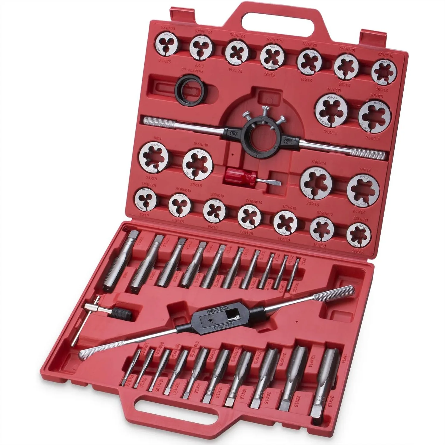 45-Piece Tap and Die Set, Metric M6-M24 Coarse & Fine Thread, Premium GCr15 Steel, Complete with Handles and Case
45-Piece Tap and Die Set, Metric M6-M24 Coarse & Fine Thread, Premium GCr15 Steel, Complete with Handles and Case