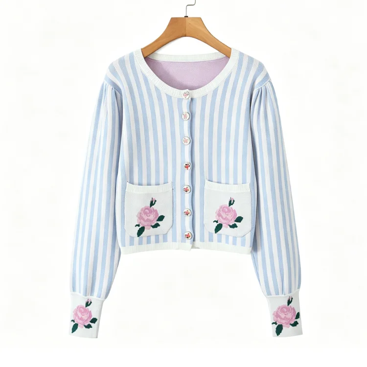 Blue White Vertical Stripe Knit Jacket Pink Flower Pattern Long Puff Sleeve Women Casual Cardigan Top Valentine Gift 260602
Blue White Vertical Stripe Knit Jacket Pink Flower Pattern Long Puff Sleeve Women Casual Cardigan Top Valentine Gift 260602
