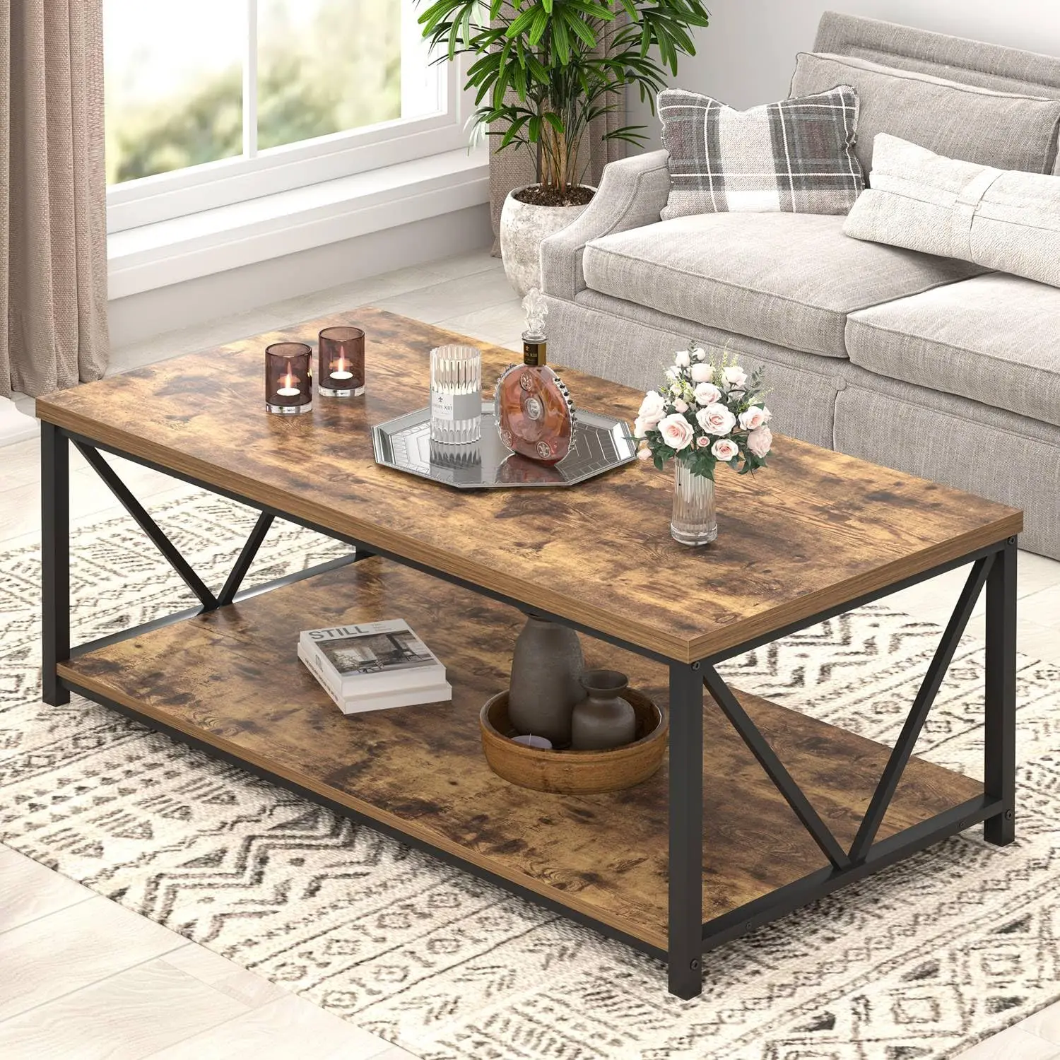 Modern Coffee Table, Rustic Wood and Metal Living Room Table with Storage Shelf, Industrial Rectangle Center Table,, Customized
Modern Coffee Table, Rustic Wood and Metal Living Room Table with Storage Shelf, Industrial Rectangle Center Table,, Customized