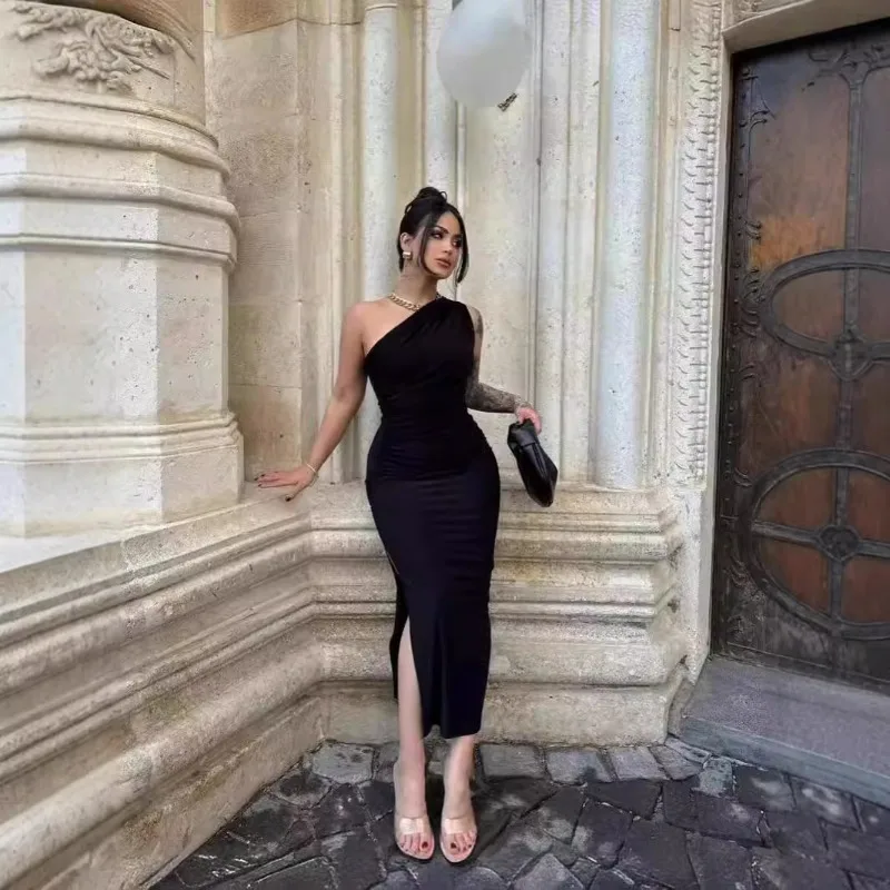Summer Women Single Shoulder Ruched Long Dress Solid Side Slit Bodycon Sexy Streetwear Party Elegant Club Evening Dresses 원피스
Summer Women Single Shoulder Ruched Long Dress Solid Side Slit Bodycon Sexy Streetwear Party Elegant Club Evening Dresses 원피스