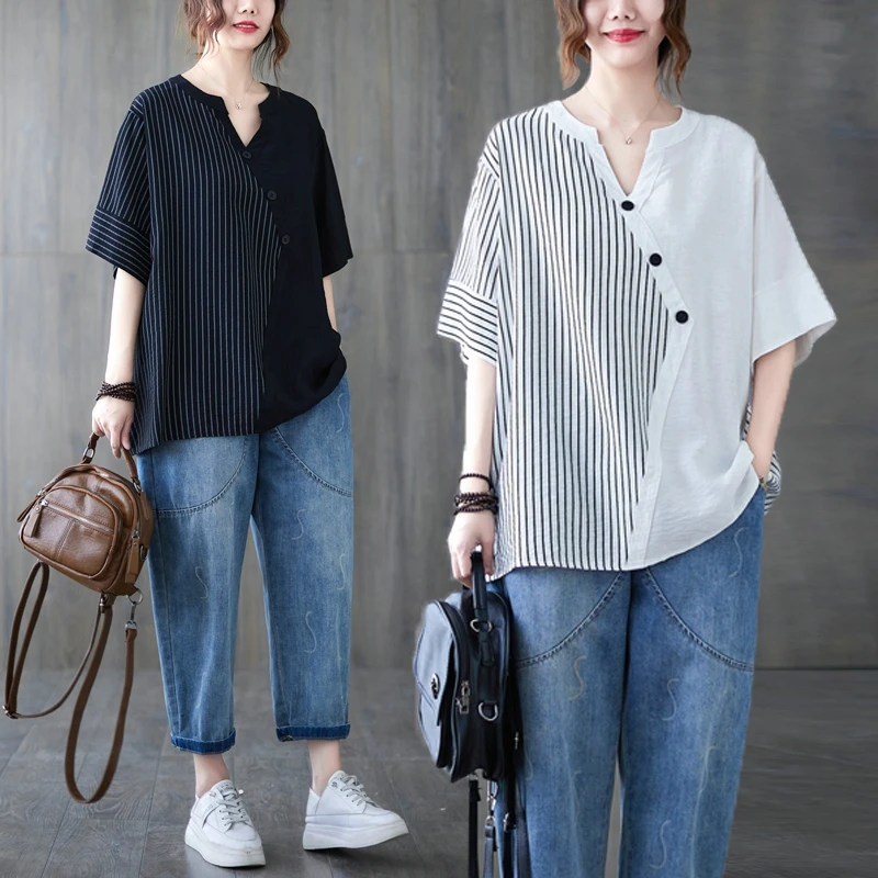 High-End plus Size Women's Striped Base Shirt Short Sleeve V-Neck T-Shirt Overhead Loose Top Summer New Arrival Commute Style
High-End plus Size Women's Striped Base Shirt Short Sleeve V-Neck T-Shirt Overhead Loose Top Summer New Arrival Commute Style
