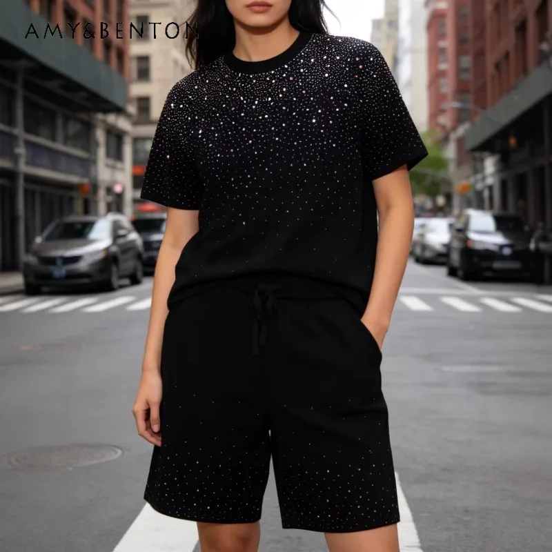 Gradient Short Sleeves T Shirt O-neck Rhinestone Decorated Top Summer Women's Cotton Half Sleeves T Shirt Matching Capris Pants
Gradient Short Sleeves T Shirt O-neck Rhinestone Decorated Top Summer Women's Cotton Half Sleeves T Shirt Matching Capris Pants