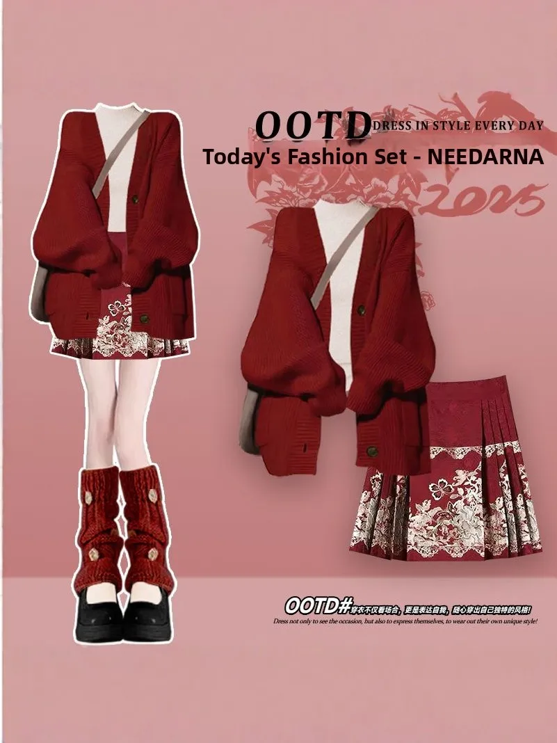 New Chinese Style Winter Outfit Set Women's 2025 New Year Red Knitted Sweater National Style Tailed Skirt Two Piece Set
New Chinese Style Winter Outfit Set Women's 2025 New Year Red Knitted Sweater National Style Tailed Skirt Two Piece Set