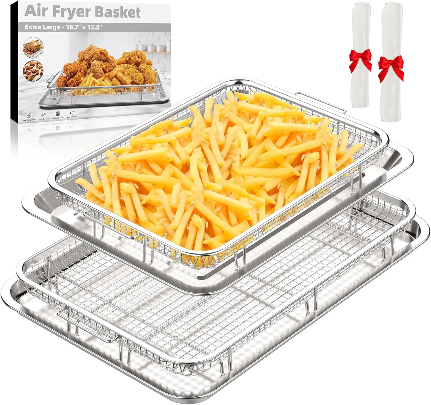 2-Pack Air Fryer Basket Set with 60 Parchment Papers, Large & Extra Large Non-Stick Stainless Steel Oven Trays
2-Pack Air Fryer Basket Set with 60 Parchment Papers, Large & Extra Large Non-Stick Stainless Steel Oven Trays