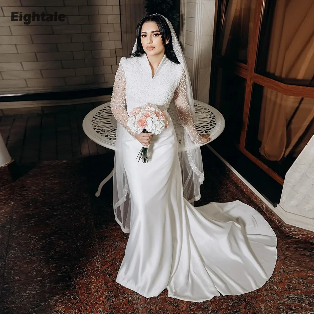 Eightale Arabic Wedding Dress V-Neck Customized Ivory Satin Bridal Gown Long Sleeves Mermaid Floor Length Bride Party Dress
Eightale Arabic Wedding Dress V-Neck Customized Ivory Satin Bridal Gown Long Sleeves Mermaid Floor Length Bride Party Dress
