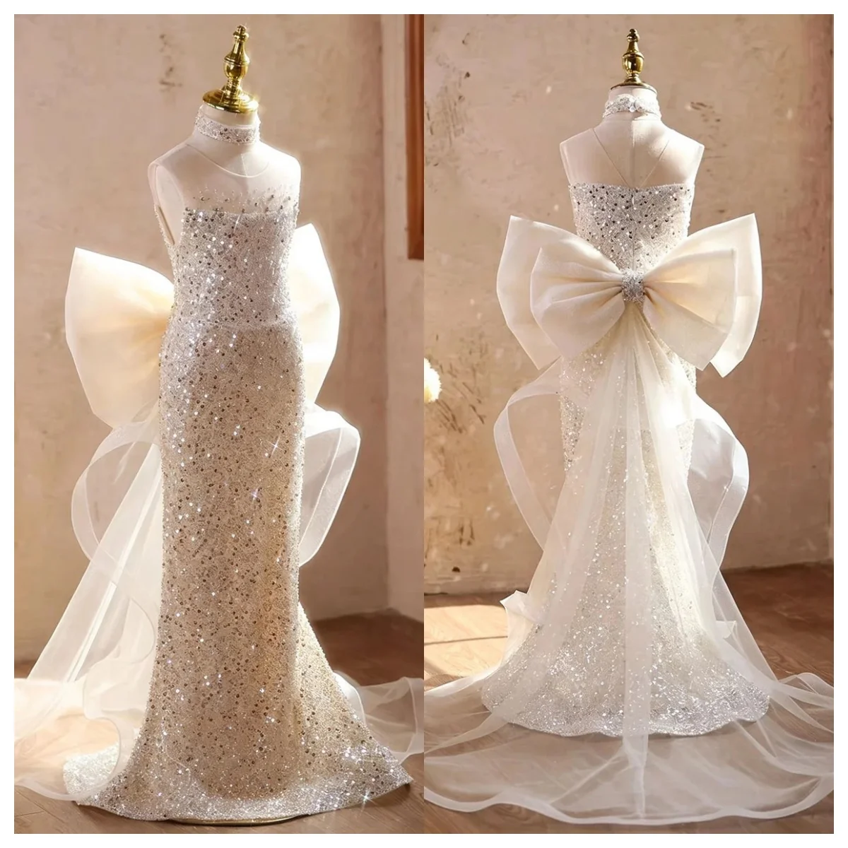 2026 Luxurious Custom Sequin Flower Girl Dress High Neck See-through Mesh Bow Tail Fishtail Skirt Girls Formal Occasion Dress
2026 Luxurious Custom Sequin Flower Girl Dress High Neck See-through Mesh Bow Tail Fishtail Skirt Girls Formal Occasion Dress