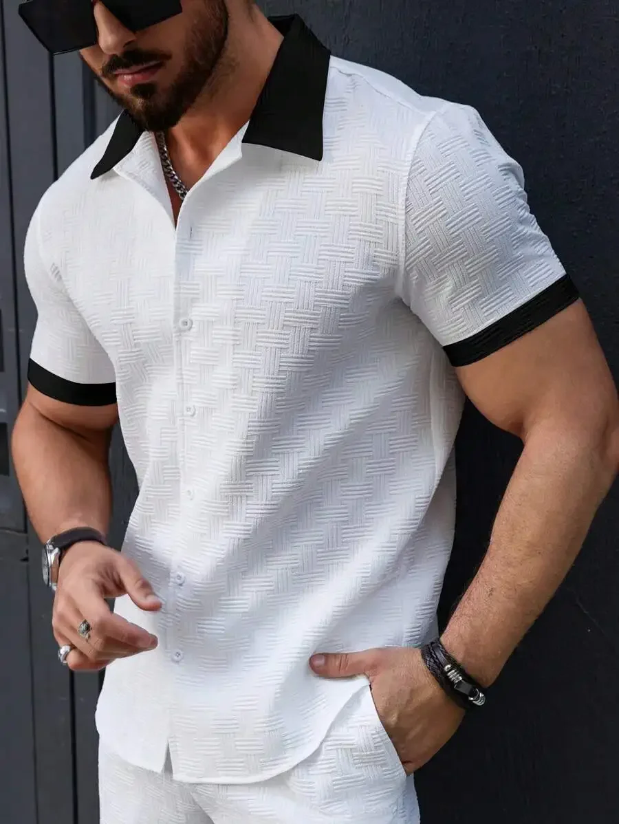 Men's White Textured Woven Shirt with Black Contrast Collar and Cuffs
Men's White Textured Woven Shirt with Black Contrast Collar and Cuffs