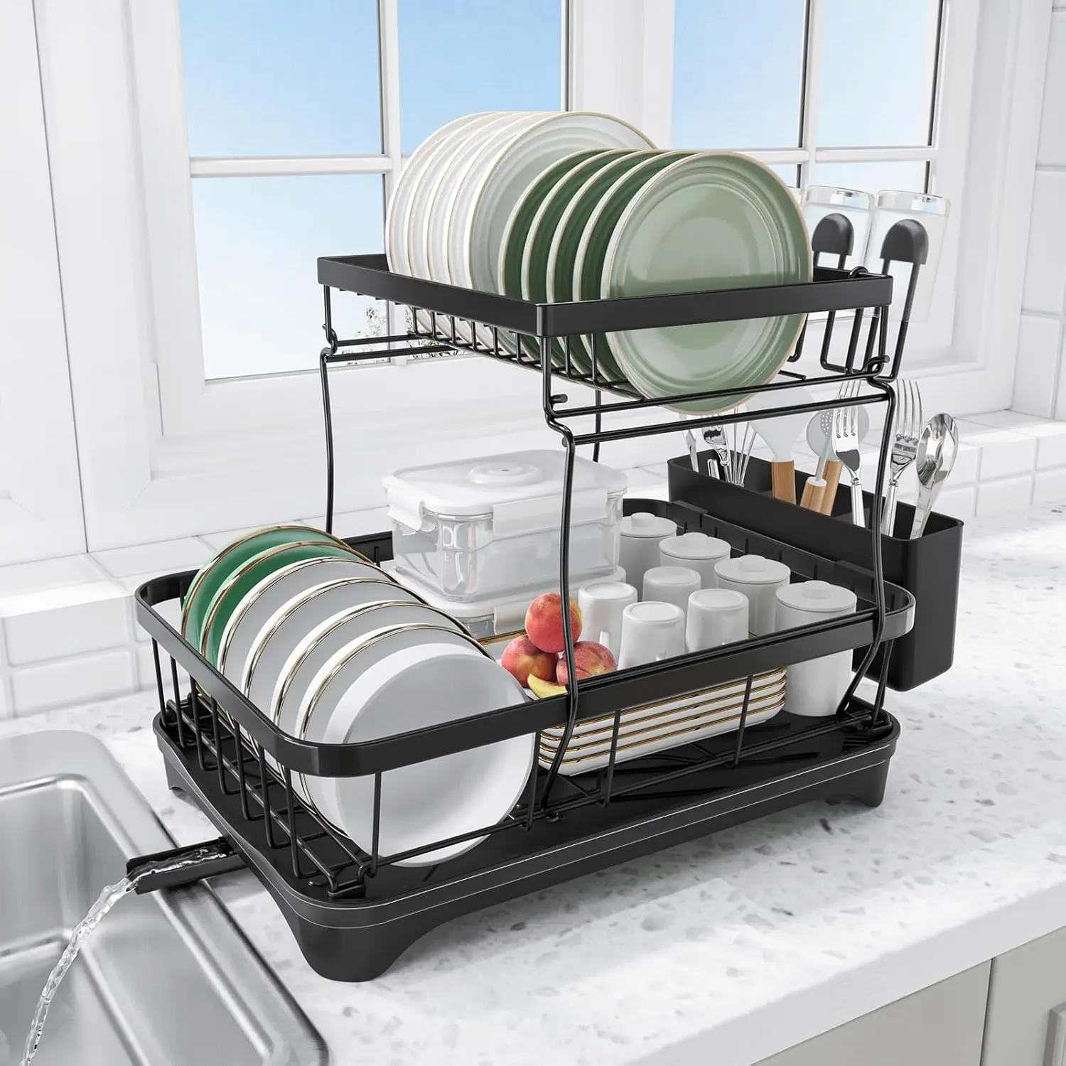 Two-Tier Dish Drying Rack with Utensil Holder, Auto-Draining Kitchen Counter Dish Rack, Black
Two-Tier Dish Drying Rack with Utensil Holder, Auto-Draining Kitchen Counter Dish Rack, Black