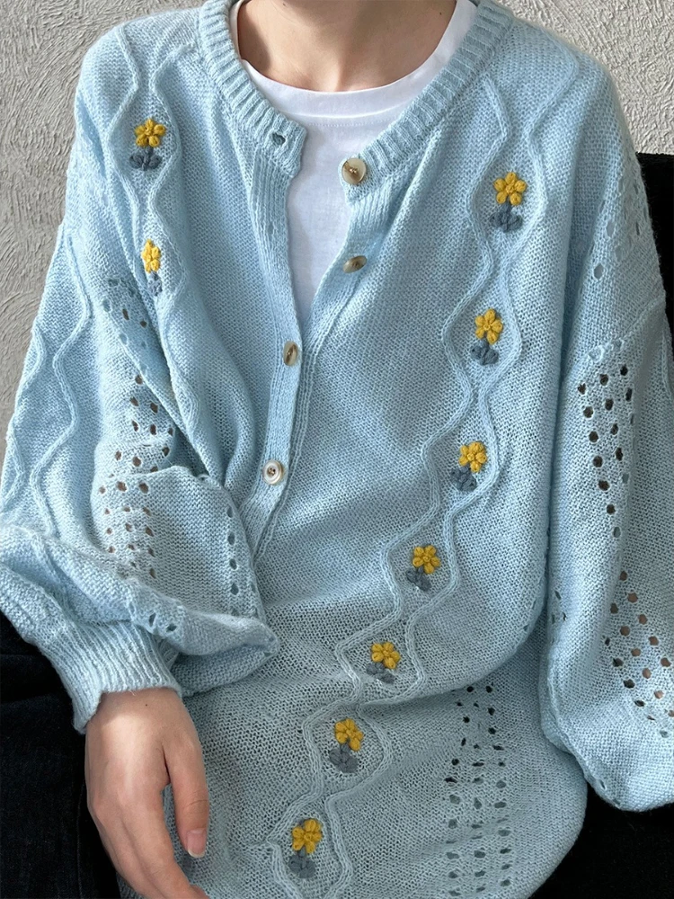 Women Knit Cardigan Loose Fit Button Down Sweater with Floral Embroidery Hollow Out Long Sleeve Spring Summer Aesthetic Top 
Women Knit Cardigan Loose Fit Button Down Sweater with Floral Embroidery Hollow Out Long Sleeve Spring Summer Aesthetic Top