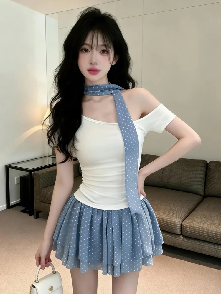 Pure Desire Sexy Shoulder T-Shirt Design Long Sleeve Women's Summer Outfit with Polka Dot Skirt And Sash Three-Piece Set
Pure Desire Sexy Shoulder T-Shirt Design Long Sleeve Women's Summer Outfit with Polka Dot Skirt And Sash Three-Piece Set