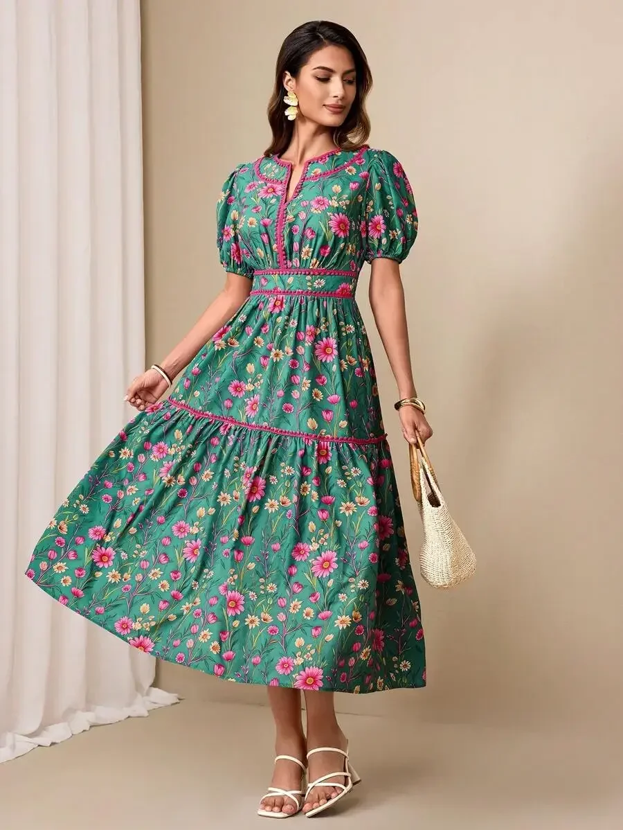 Womens Floral Print Midi Dress With Puffed Sleeves And Tiered Skirt
Womens Floral Print Midi Dress With Puffed Sleeves And Tiered Skirt