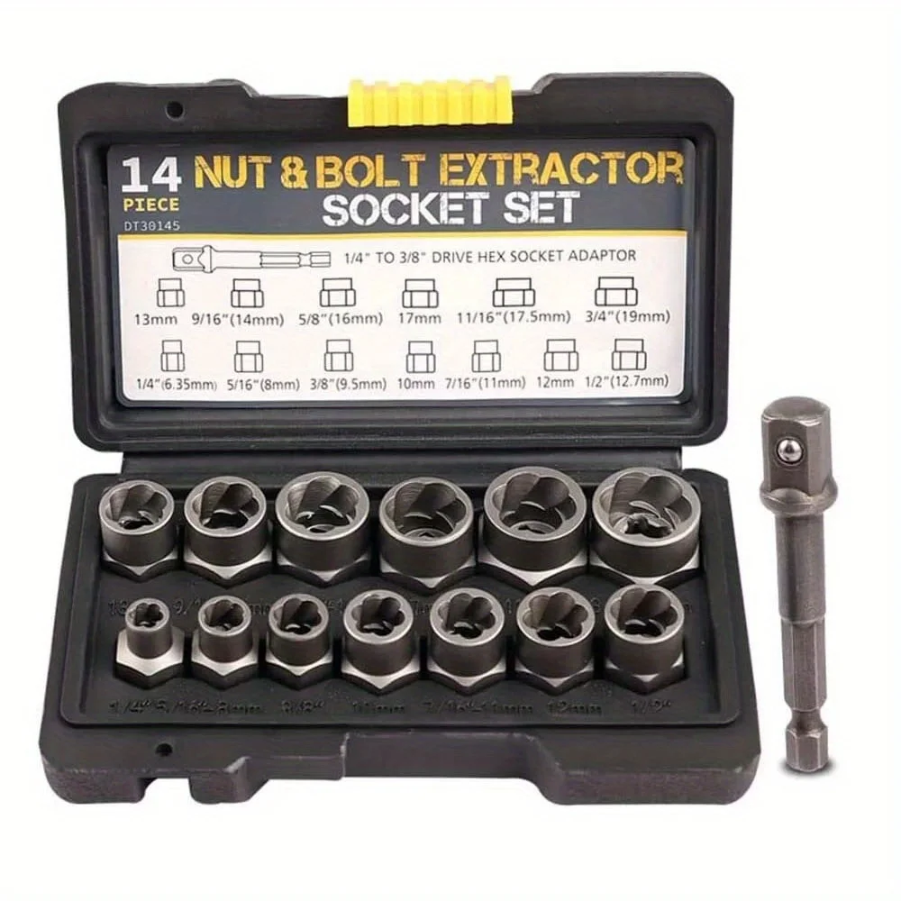 14Pcs Stripped Lug Nut Remover with Hex Adapter Extraction Socket Set, Impact Bolt & Nut Remover Removing Bolts and Nuts
14Pcs Stripped Lug Nut Remover with Hex Adapter Extraction Socket Set, Impact Bolt & Nut Remover Removing Bolts and Nuts