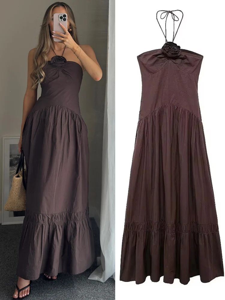 TRAFZA Female Chic Sleeveless Hanging Neck Collar Dress Woman Folds Backless 3D Flowers Decoration Dresses Vestidos Mujer
TRAFZA Female Chic Sleeveless Hanging Neck Collar Dress Woman Folds Backless 3D Flowers Decoration Dresses Vestidos Mujer