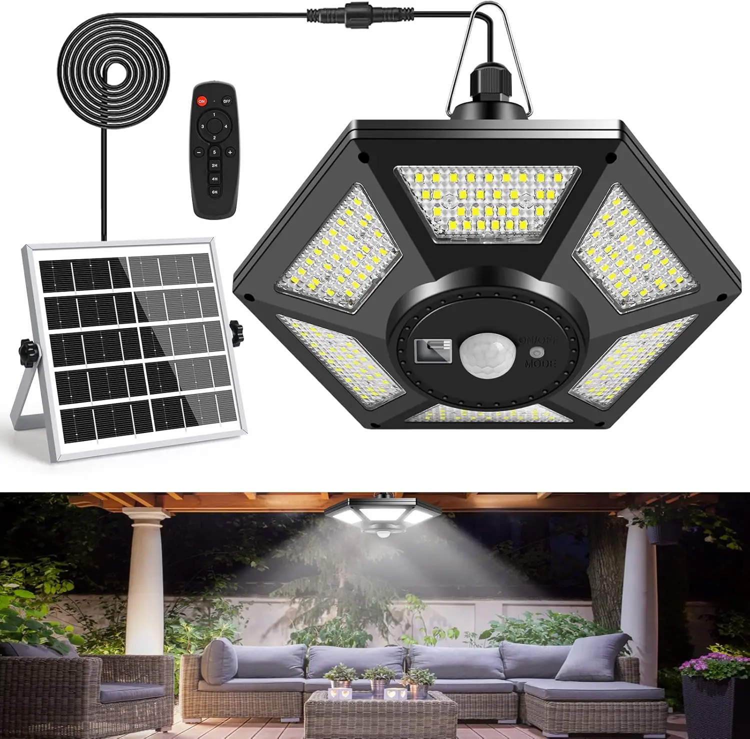 Solar Pendant Light, 180LED 1000LM, Indoor Outdoor, Motion Sensor & Remote Control