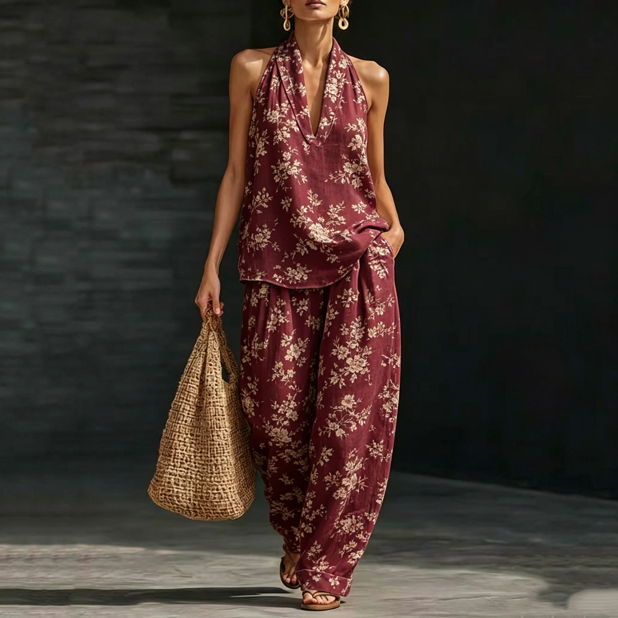 Women's Two-piece Set Summer Flower Print Wide-leg Pants Sleeveless V-Neck Halter Top Two-piece Set Casual Matching Set
Women's Two-piece Set Summer Flower Print Wide-leg Pants Sleeveless V-Neck Halter Top Two-piece Set Casual Matching Set