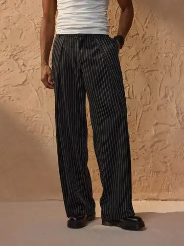 plus Size Men's Striped Casual Pants Trendy Comfortable Daily Wear Long Trousers