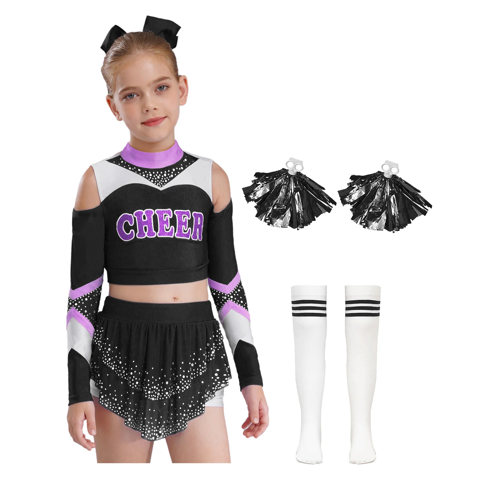Cheering Team Cheerleading Outfit Kids Schoolgirls Long Sleeve Letter Print Crop Top with Skirt 2Pcs Flower Balls 1 Pair Socks
Cheering Team Cheerleading Outfit Kids Schoolgirls Long Sleeve Letter Print Crop Top with Skirt 2Pcs Flower Balls 1 Pair Socks