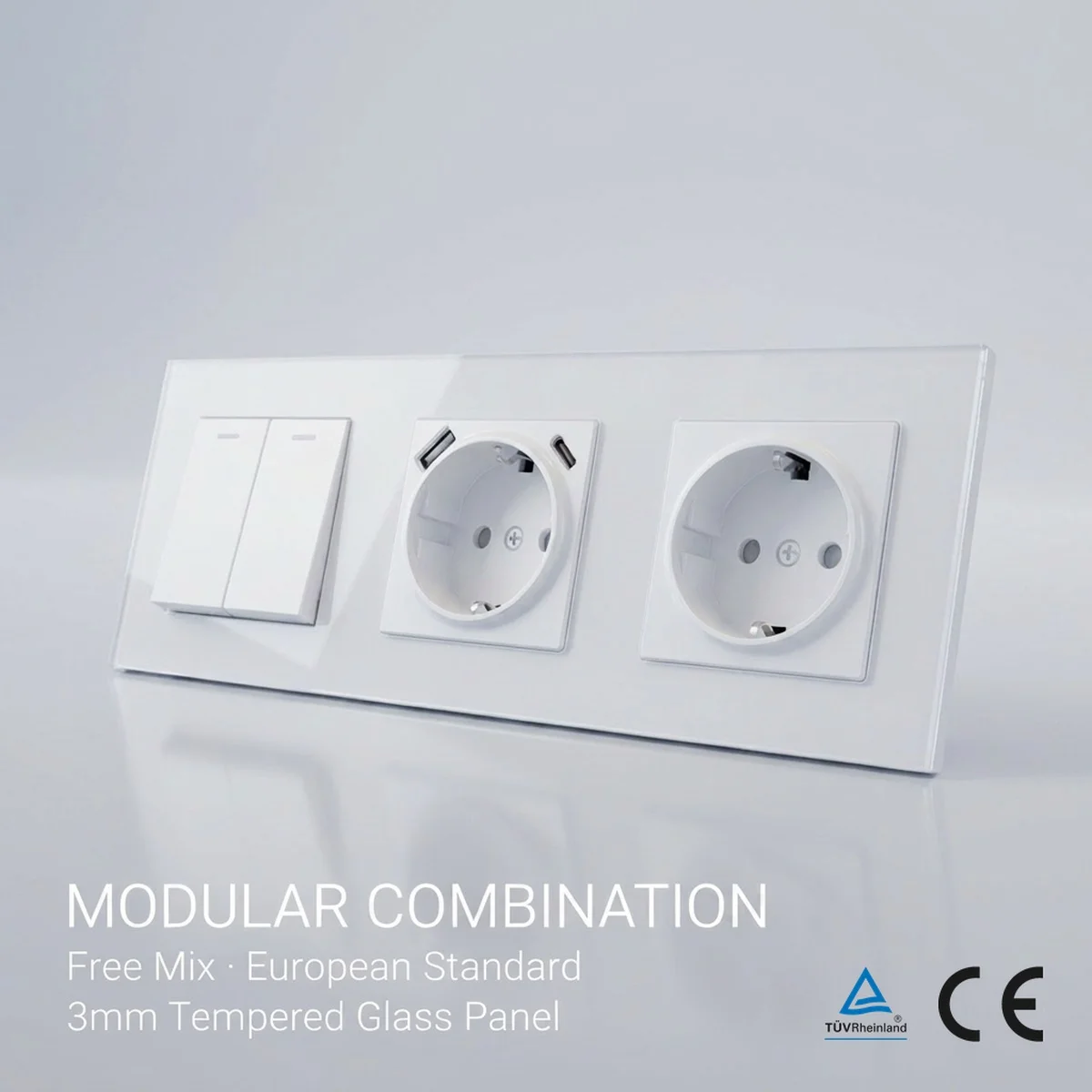 TUV Certified EU Standard Single Wall Socket with Double Power Plug USB Type-C Crystal Glass Panel 1Way Wall Switch 10A/16A 250V
TUV Certified EU Standard Single Wall Socket with Double Power Plug USB Type-C Crystal Glass Panel 1Way Wall Switch 10A/16A 250V