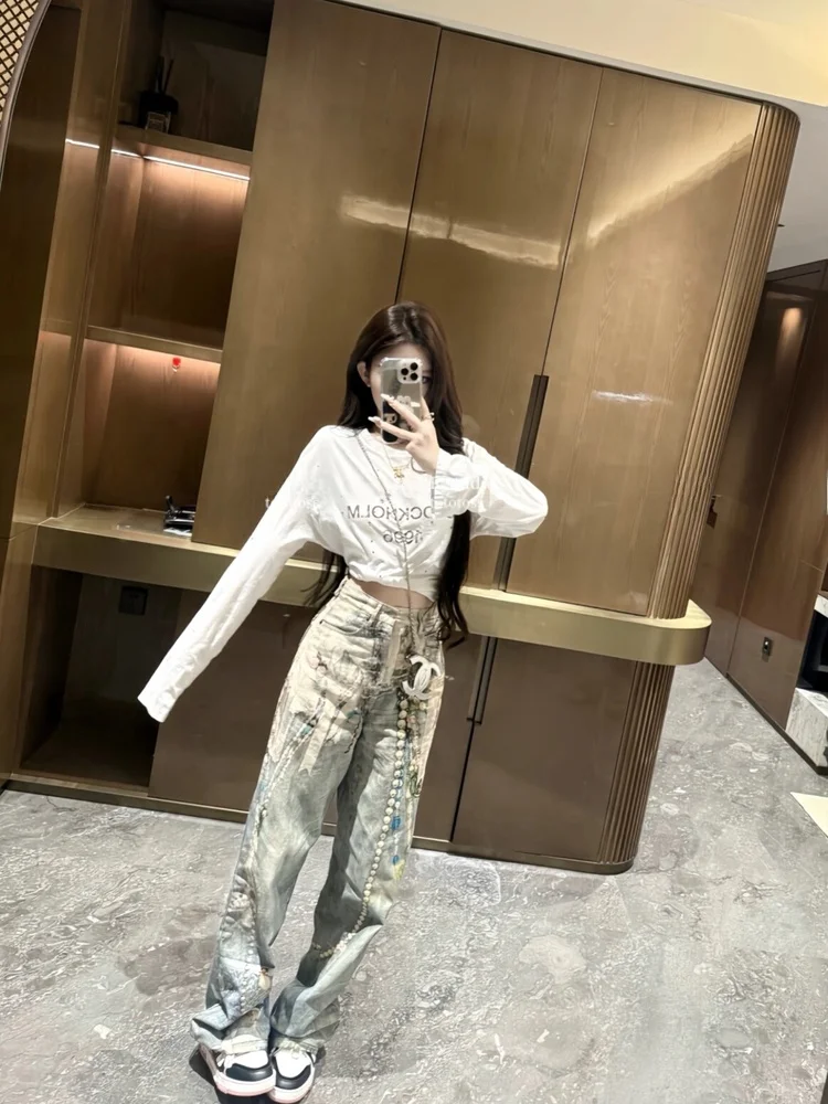 Wide Leg Pants High Waist Straight Cut Loose Fit Women's Jeans Casual Style Summer Collection Pearl Chain Lace Design
Wide Leg Pants High Waist Straight Cut Loose Fit Women's Jeans Casual Style Summer Collection Pearl Chain Lace Design