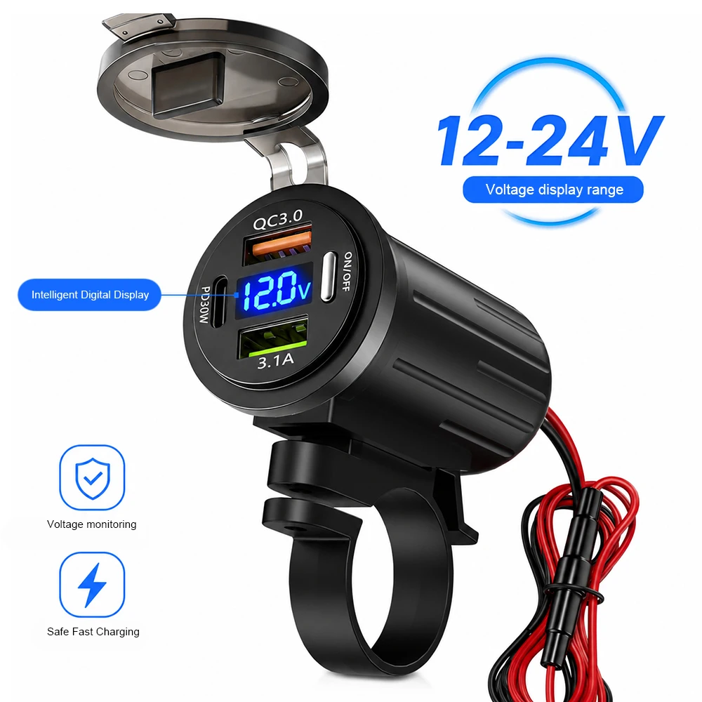 PD QC3.0 Motorcycle USB Type C Fast Charger Digital Voltmeter Waterproof Handlebar Mount 12V 24V Motorbike Charging Socket
PD QC3.0 Motorcycle USB Type C Fast Charger Digital Voltmeter Waterproof Handlebar Mount 12V 24V Motorbike Charging Socket